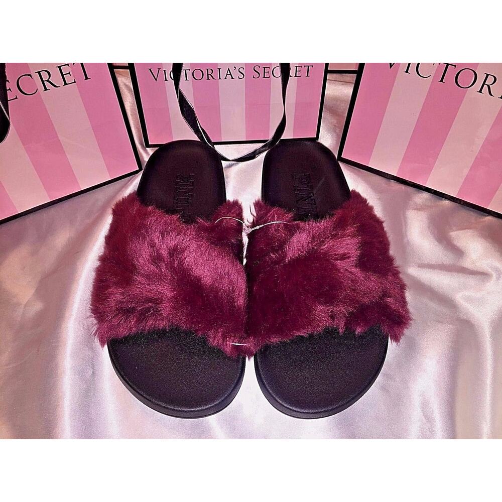 Victorias Secret PINK Fur Slides Flip Flops Deep Ruby Medium